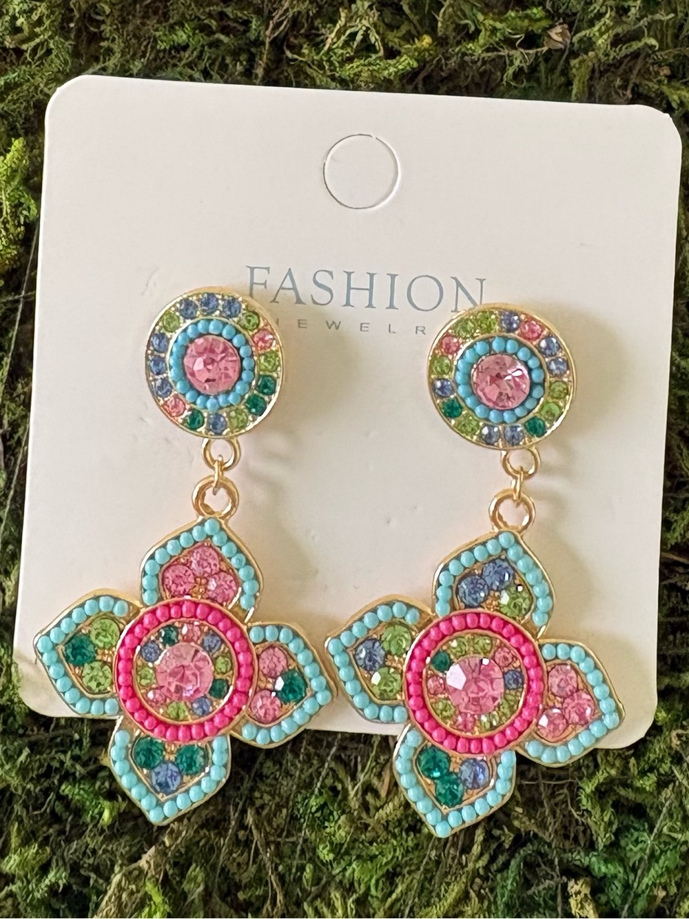 Fashion Jewelry Pink, Turquoise & Green Crystal Drop Earrings